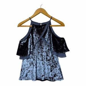 Velvet Cold Shoulder Blouse XS Blue WHBM Grey Ruffle Whimsigoth Dark Romantic